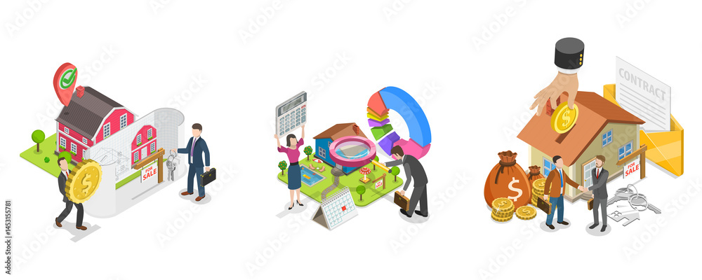 Fototapeta premium 3D Isometric Flat Illustration of Qualified Real Estate Agents, Full-service House Buying Agency