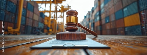 Wooden gavel on legal paperwork with docked ship and containers symbolizing maritime law and international trade

