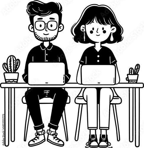 Two young people working on laptops at a table with plants in a minimalist workspace cartoon isolated on transparent background. Vector illustration.