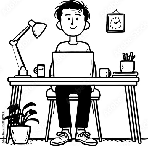 Young man working at a desk with a laptop and desk lamp in a minimalist workspace cartoon isolated on transparent background. Vector illustration.