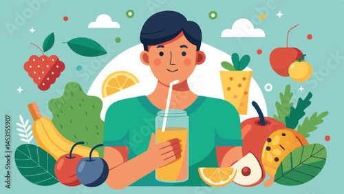 Enjoying a refreshing green smoothie surrounded by a variety of colorful fruits and vegetables on a bright and cheerful backdrop