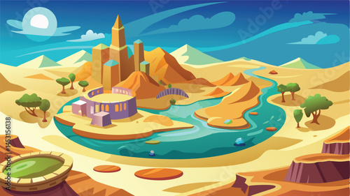 Desert oasis landscape with a vibrant blue lake, ancient structures, palm trees, and rocky mountains under a golden sky