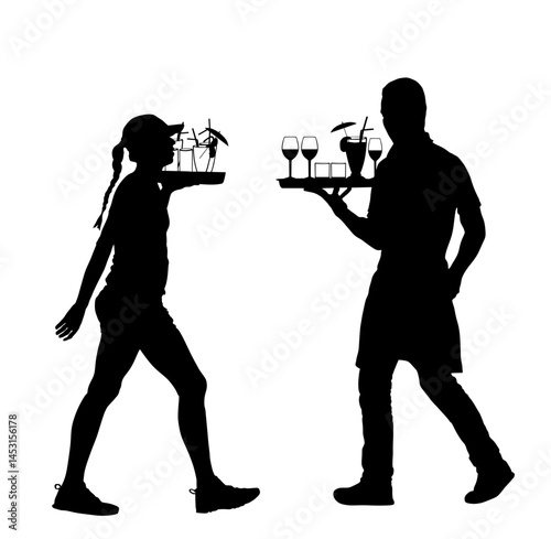 Hurry crew in rush waiters holding tray with order drinks for guests vector silhouette isolated. Restaurant servant taking orders. Pub workers serve wine drinks for guests. Barman cocktails beverage.