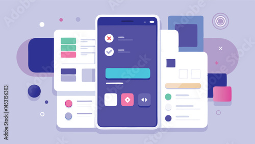 Vector illustration of modern mobile application interface showcasing data visualization and interaction design with vibrant shapes and colors in a minimalistic layout