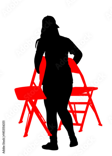 Delivery service girl moving transport worker carrying chairs vector silhouette illustration isolated. Handyman job distribution and procurement. Woman carry chair moving after party event. Move in.