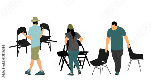 Delivery service crew man moving transport worker carrying chairs vector illustration isolated. Handyman job distribution and procurement. Boy carry chair moving service after party event. Move in.