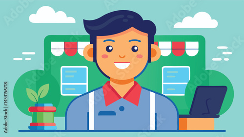 Vector illustration of a friendly shopkeeper standing in front of colorful buildings against a bright blue sky with fluffy clouds on a sunny day