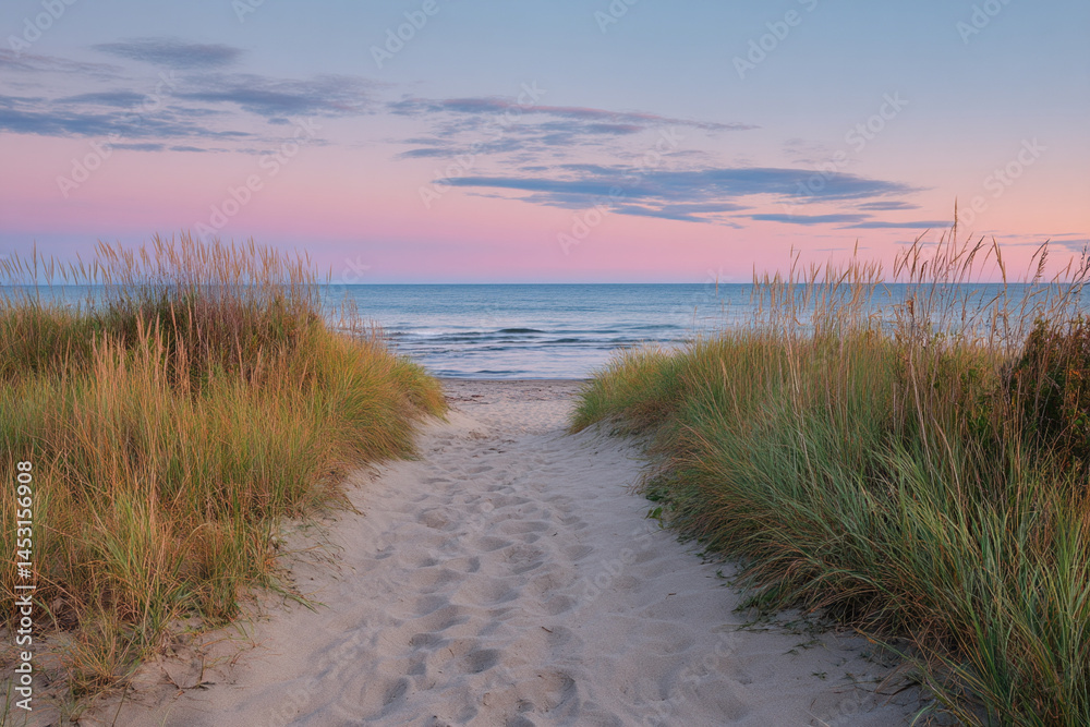 A sandy beach path winds through tall grasses leading to a pastel-colored sea at dawn. A sandy beach path winds through tall grasses leading to a pastel-colored sea at dawn.