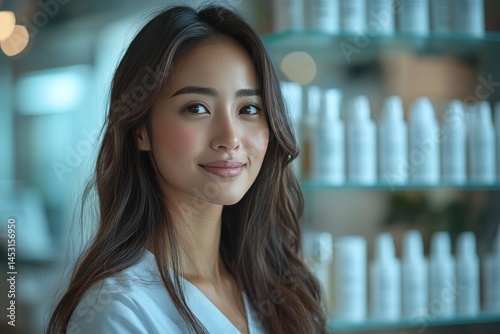 Portrait of a Serene Young Woman with Long Brown Hair in a Salon Setting