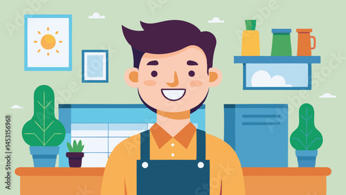 Vector illustration of a friendly shopkeeper standing in front of colorful buildings against a bright blue sky with fluffy clouds on a sunny day