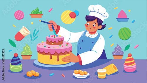 Celebration of dessert skills with a baker decorating a colorful cake in a vibrant bakery filled with sweet treats and cheerful decorations