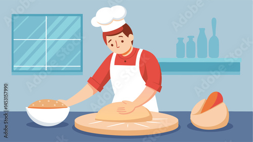 Baker creating fresh bread dough in a cozy kitchen setting with colorful ingredients and utensils around