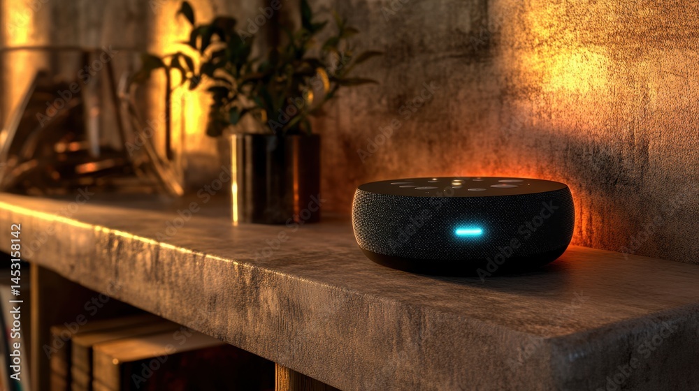 Fototapeta premium Compact smart speaker on bookshelf with glowing indicator, ready to control home devices