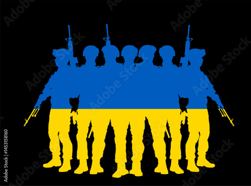 Ukraine flag patriot soldiers with rifle defends country vector silhouette illustration isolated. Warriors on duty protect borders against enemy. Conflict action Ukraine Military war operation shape.