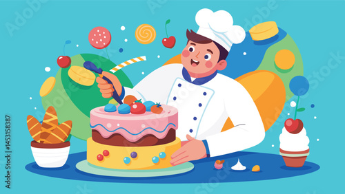 Celebration of dessert skills with a baker decorating a colorful cake in a vibrant bakery filled with sweet treats and cheerful decorations