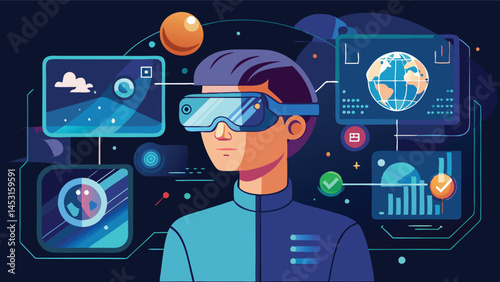 Futuristic vector illustration of a person in a high-tech environment with data displays, planets, and holograms highlighting a blend of science and technology