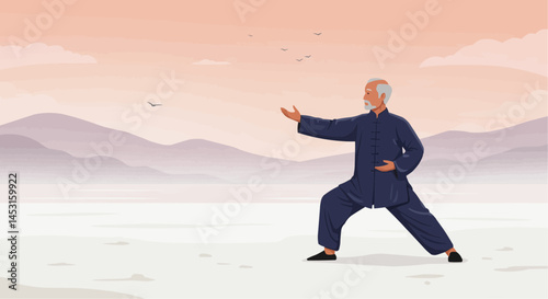 Elderly Man Practicing Tai Chi Against a Serene Landscape  