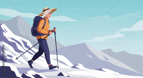 Elderly Man Hiking with a Walking Stick Against Mountain Background  