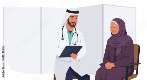 Elderly Woman Listening to Middle Eastern  
 Doctor's Advice in Medical Consultation  