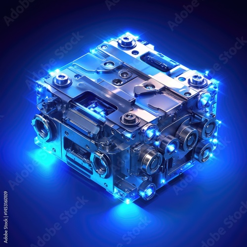 A detailed metallic cube with a futuristic design is illuminated by vibrant blue lighting, set against a dark blue backdrop. It has a complex structure with reflective surfaces and glowing accents.