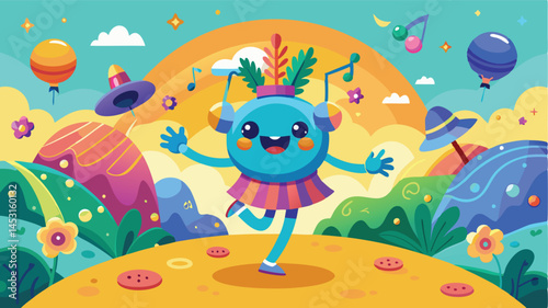 Bright and cheerful robot character engaging in a joyful celebration amidst a colorful landscape filled with music notes, flowers, and mountains during a sunny day
