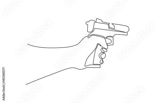 Continuous one line drawing of Hand holding gun. Single line drawing illustration of Holds a machine gun. shoot on target concept vector art. Doodle line illustration.