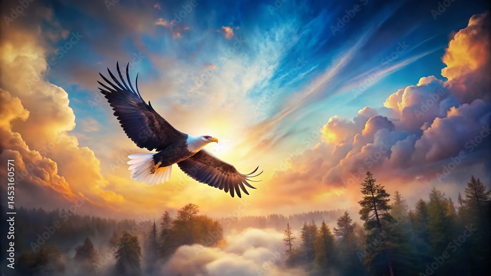 Fototapeta premium Dreamy Watercolor Landscape with Soaring Eagle - Majestic Bird in Flight