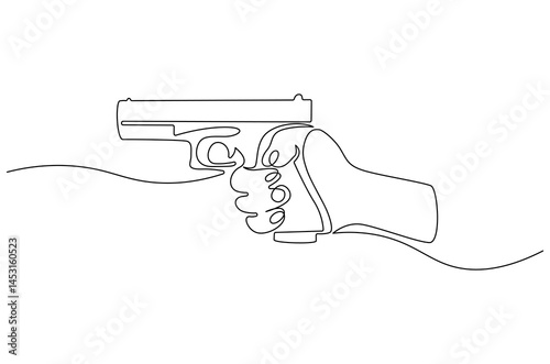 Continuous one line drawing of Hand holding gun. Single line drawing illustration of Holds a machine gun. shoot on target concept vector art. Doodle line illustration.