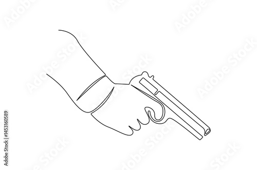 Continuous one line drawing of Hand holding gun. Single line drawing illustration of Holds a machine gun. shoot on target concept vector art. Doodle line illustration.