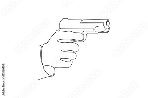 Continuous one line drawing of Hand holding gun. Single line drawing illustration of Holds a machine gun. shoot on target concept vector art. Doodle line illustration.