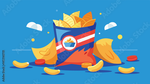 Vector illustration of a vibrant snack bag surrounded by various colorful snacks in playful arrangement on a bright background