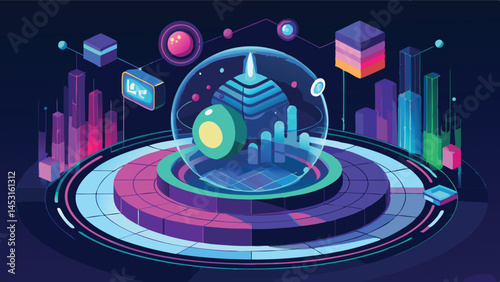 Vector illustration of a digital data visualization environment featuring graphs, charts, and geometric shapes in vibrant colors and futuristic design
