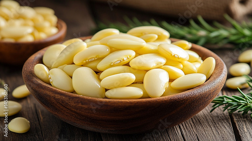 Modern bowl filled with yellow lupine beans on a clean surface, symbolizing health, sustainability, Mediterranean culture, and plant-based nutrition in a minimalist and contemporary setting.


