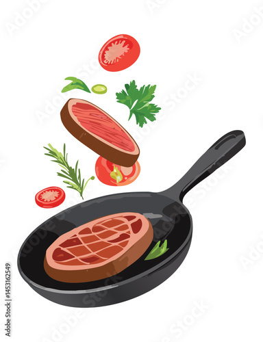 flipping steak in cast iron pan - vector illustration