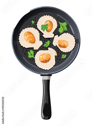 searing scallops on the hot pan - vector illustration