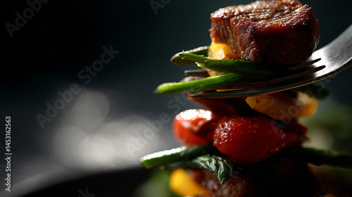 A stack of nub and vegetables on a fork, ready to chomp into.