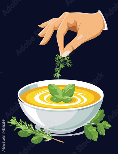 garnishing soup with herbs - vector illustration