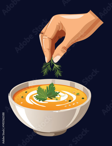hand garnishing soup with herbs - vector illustration