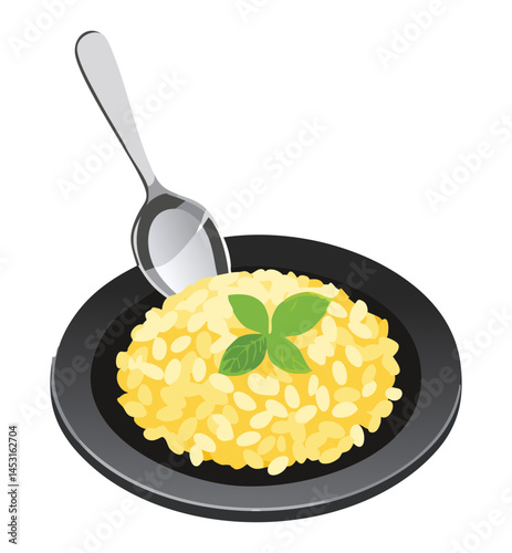 plating risotto with spoon in dark plate - vector illustration