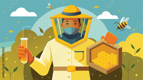 Enjoying a sunny day, a beekeeper in protective gear holds a honey box surrounded by vibrant flowers and busy bees, promoting the importance of pollination