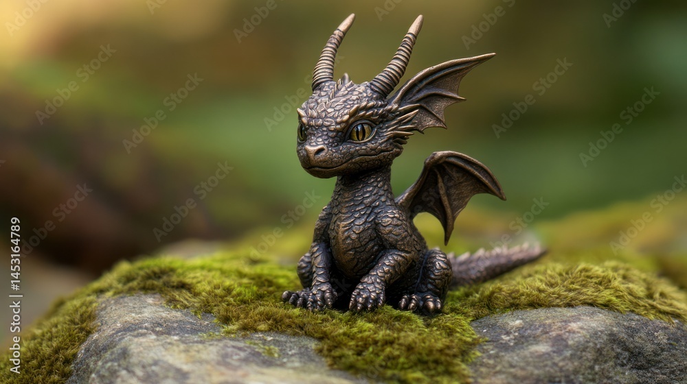 Naklejka premium Highly detailed fantasy dragon figurine with intricate scales and wings sitting on mossy rock in lush green forest setting perfect for collectible displays and imaginative decor