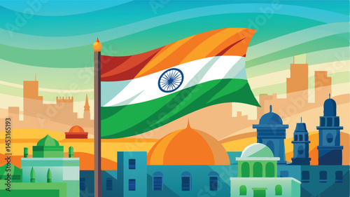 Colorful vector illustration of Indian flag waving among modern city skyline with historical buildings and lush greenery under a bright blue sky