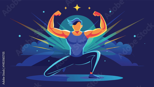 Strong figure flexing muscles in vibrant vector illustration showcasing fitness and determination against a dynamic background of colors and shapes