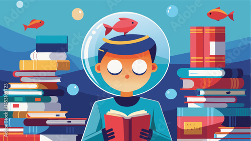 Young reader exploring knowledge underwater with books surrounded by colorful fish in a whimsical vector illustration
