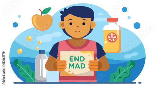 Vector illustration of a young person promoting healthy eating with a sign highlighting the importance of fresh food and environmental awareness