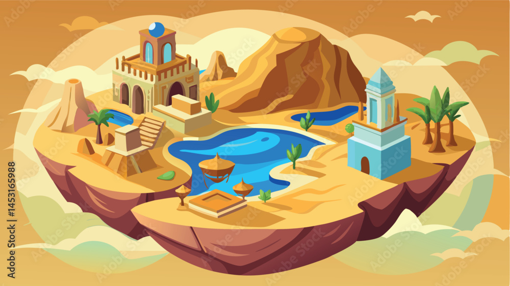 Naklejka premium Desert oasis landscape with a vibrant blue lake, ancient structures, palm trees, and rocky mountains under a golden sky