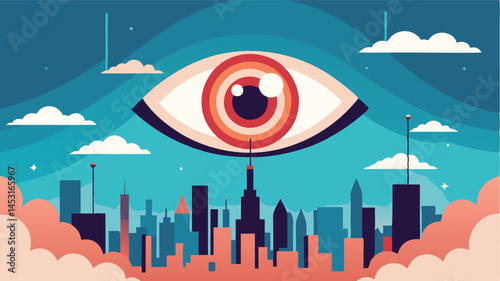 Vector illustration of a large eye hovering above a stylized city skyline with clouds, showcasing a vibrant and imaginative urban landscape