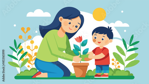 Mother and son planting flowers in a sunny garden on a bright day, enjoying quality time together and nurturing nature's beauty outdoors