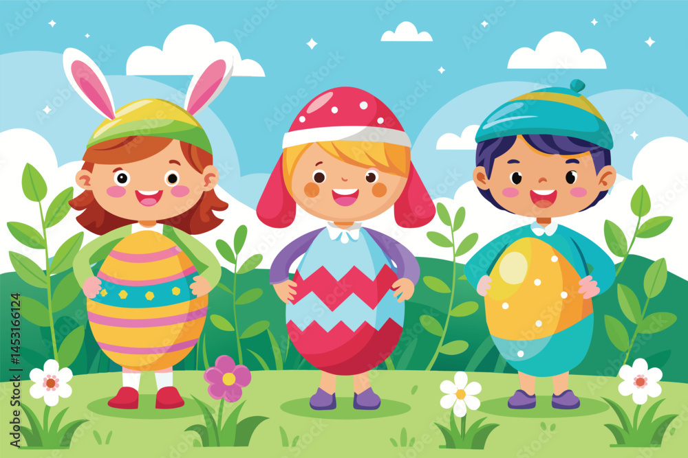 Children celebrating spring with colorful egg costumes in a vibrant outdoor setting with greenery and flowers, showcasing cheerful expressions and playful attire Children celebrating spring with colorful egg costumes in a vibrant outdoor setting with greenery and flowers, showcasing cheerful expressions and playful attire