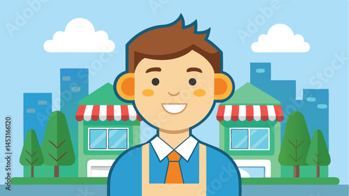Vector illustration of a friendly shopkeeper standing in front of colorful buildings against a bright blue sky with fluffy clouds on a sunny day